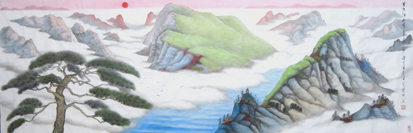 梁建中国画作品《日出山河紫气来》规格：239cmx84cm.jpg